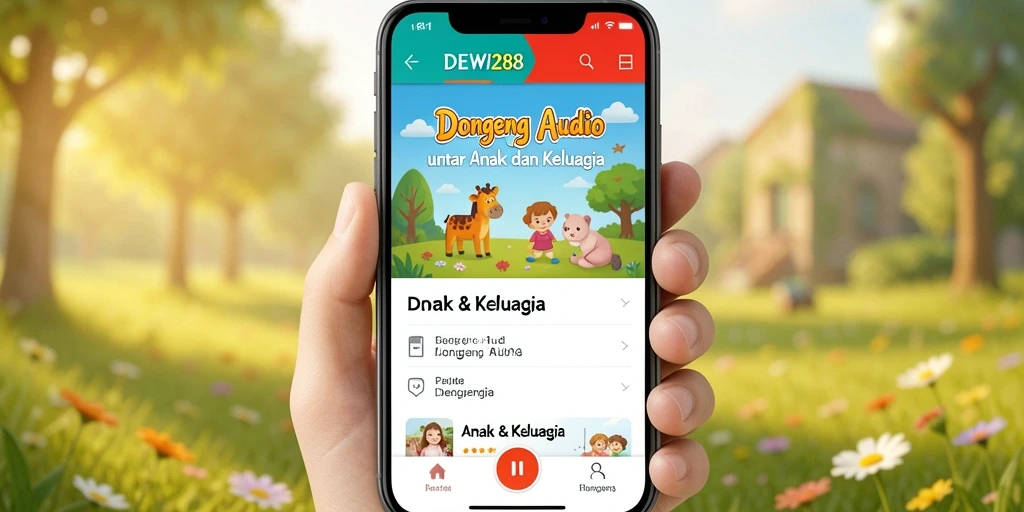 Antarmuka aplikasi DEWI288 yang ramah anak dengan berbagai pilihan dongeng audio.