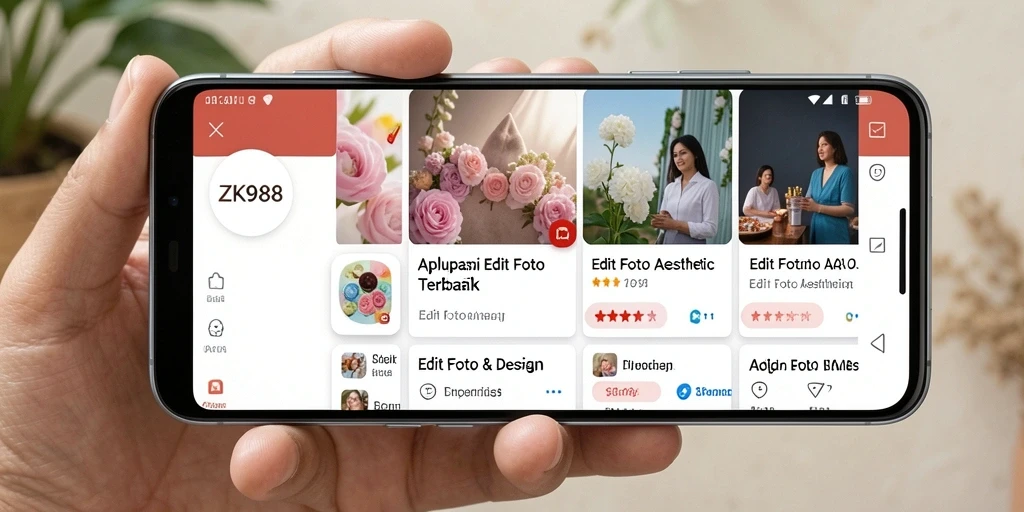 Screenshot antarmuka ZK988 dengan fitur editing aesthetic yang menarik.